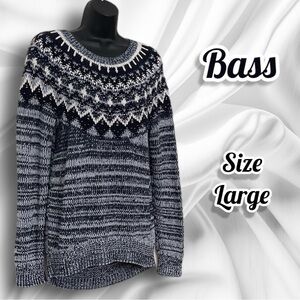 Bass Navy Blue & White Knit Fair Isle Sweater Size Large Apres Ski